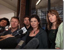 Greenpeace activists (L-R) Shai Naides, Raoni Hammer, Shayne Comino,  Viv Hadlow, Lucy Lawless, ILai Amir and Mike Buchanan outside the Auckland District Court, after answering charges laid over their involvement in the occupation of the Shell-contracted drillship the Noble Discoverer, in Port Taranaki, in February 2012